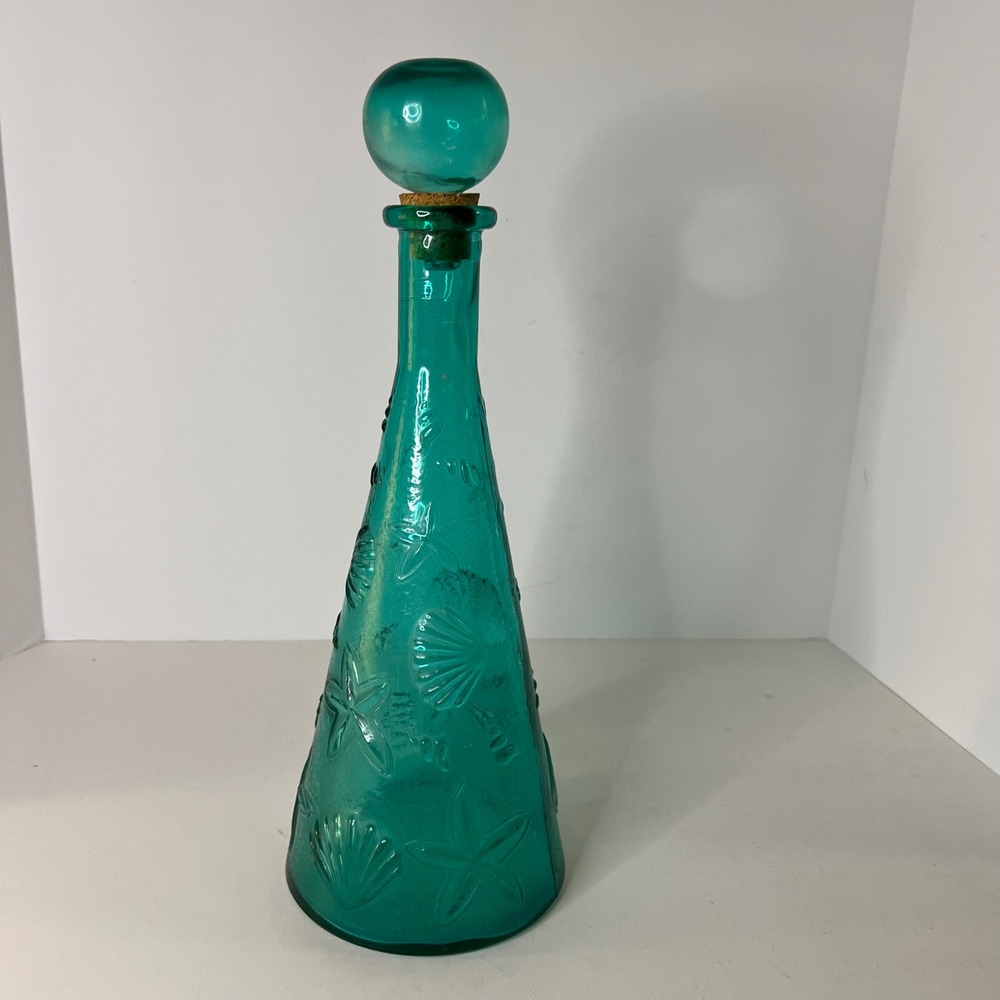 Green Glass Decanter Seashell Stopper Vidrios San Miguel 14" Recycled Art Glass